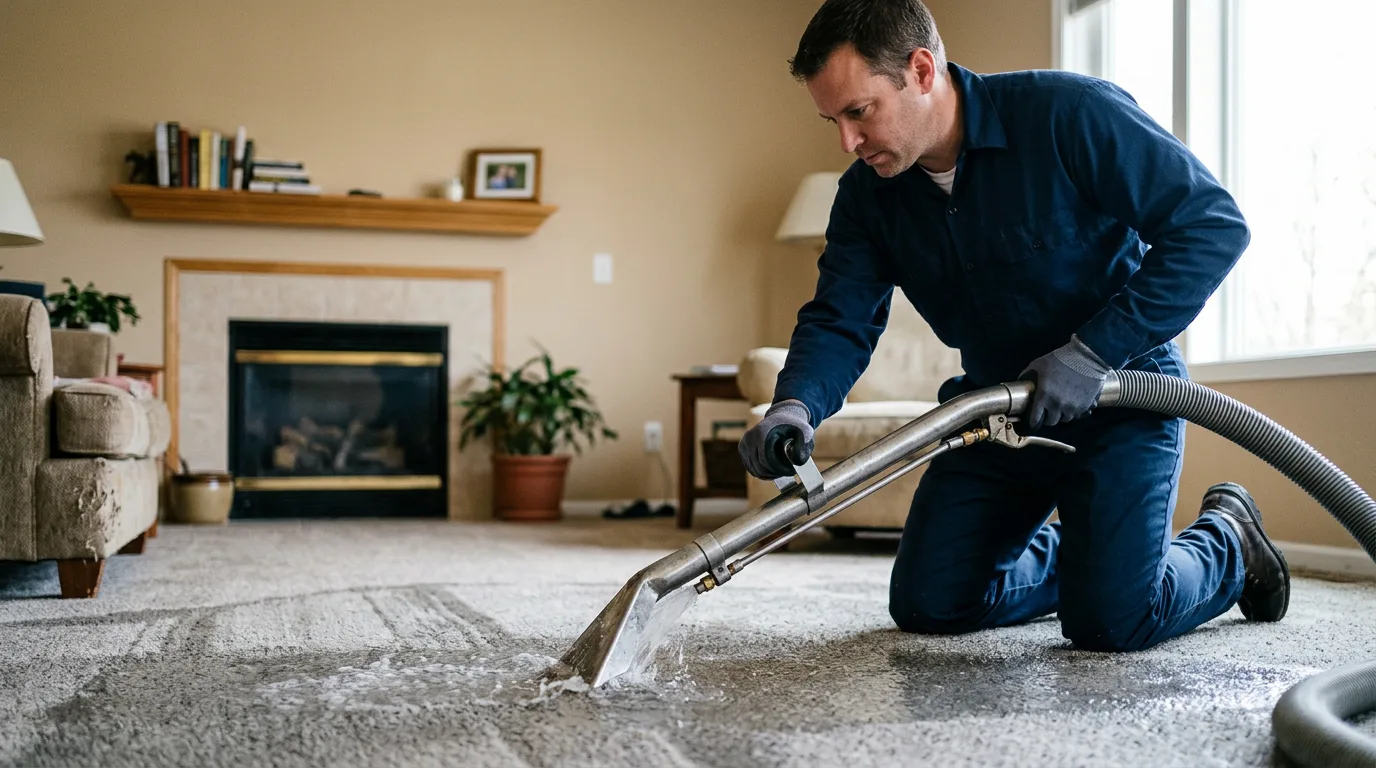 Water damage restoration technician working near Oakland, RI
